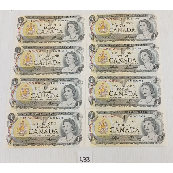 LOT OF 8 - 1973 CDN $1 BANKNOTES - SEQUENTIAL & UNCIRCULATED