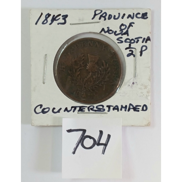 1843 COUNTERSTAMPED PROVINCE OF NOVA SCOTIA 1/2 PENNY
