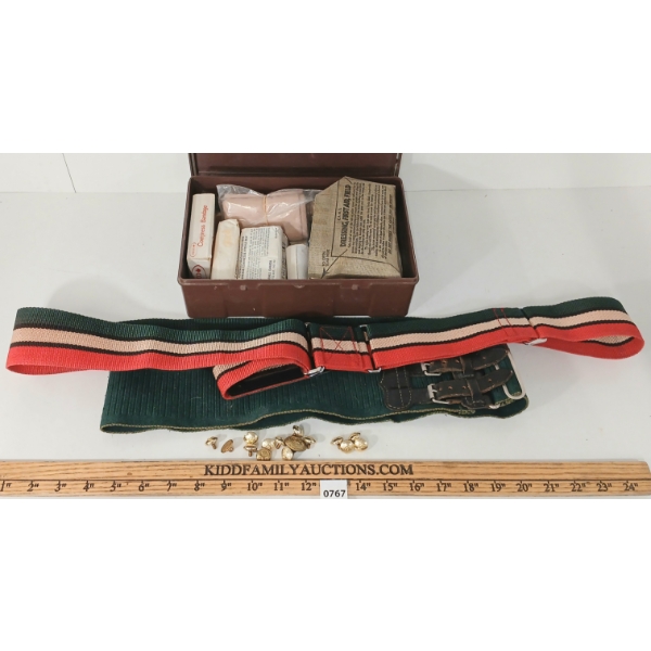 JOB LOT - CDN BUTTONS, MISC BELTS & FIRST AID KIT W/ CONTENTS