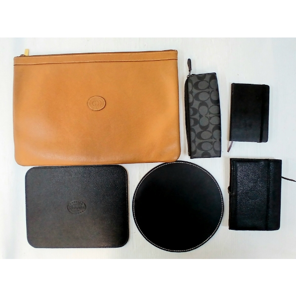 LOT OF 6 - LEATHER LAPTOP BAG, PENCIL CASE, JOURNALS & MOUSE PADS - ROOTS, GUCCI, COACH, ETC