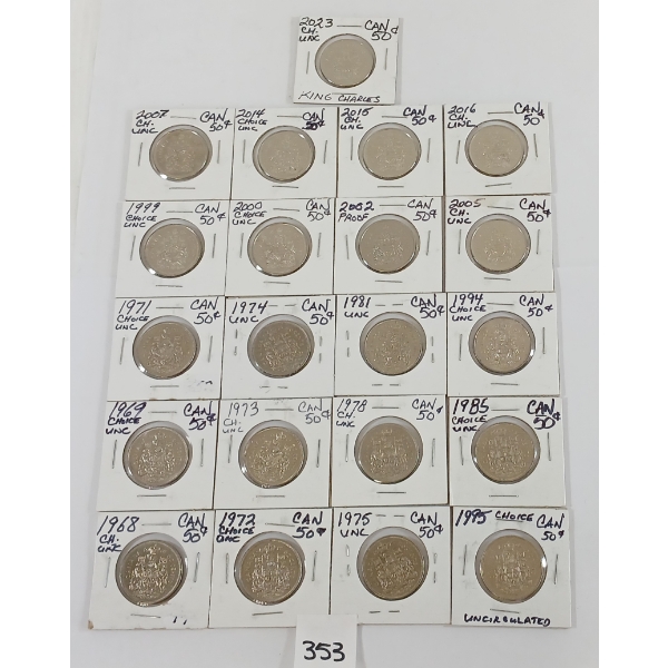 LOT OF 21 - CDN 50 CENT PCS - INCL 1968, 1969, 1971 & 1972 ETC
