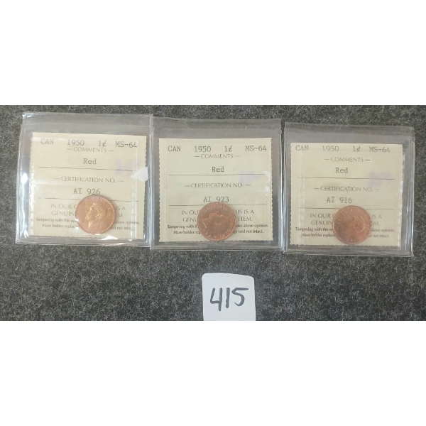 LOT OF 3 - 1950 CDN 1 CENT COINS - ICCS GRADED