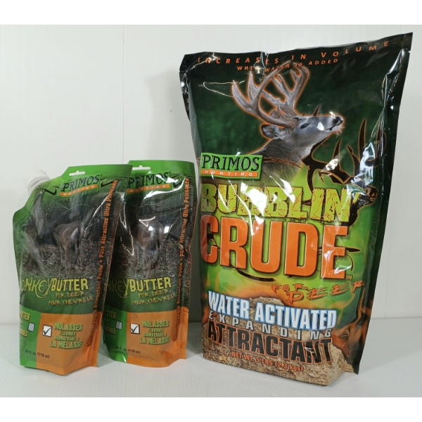 LOT OF 3 - PRIMOS BUBBLIN' CRUDE WATER ACTIVATED DEER ATTRACTANT & DONKEY BUTTER