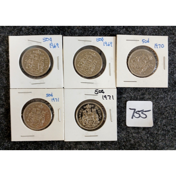 LOT OF 5 - 1969-1971 CDN 50 CENT COINS