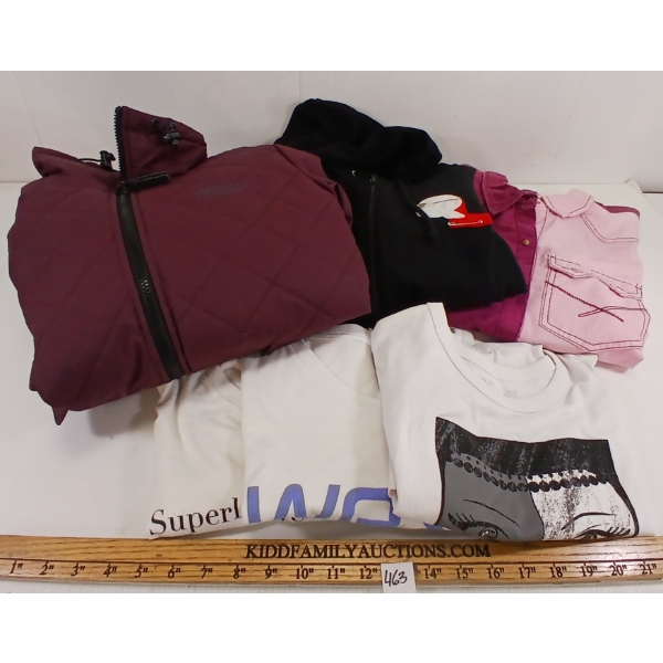 LOT OF 6 - WOMEN'S BUTTON-UP, HOODIE, T-SHIRTS & JACKET - MFG WESC, INSIGHT, THE QUIET LIFE, ETC