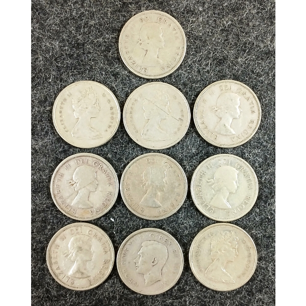 LOT OF 10 - 1944-1965 CDN 25 CENT SILVER COINS