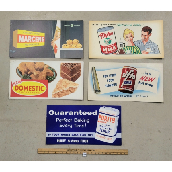 LOT OF 5 - CARDBOARD ADVERTISEMENTS - INCL SIFTO SALT & MARGENE MARGARINE