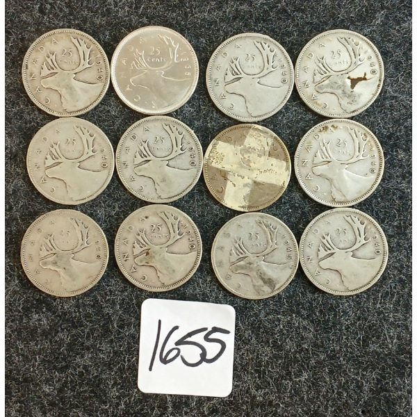 LOT OF 12 - 1945-1965 CDN 25 CENT COINS 