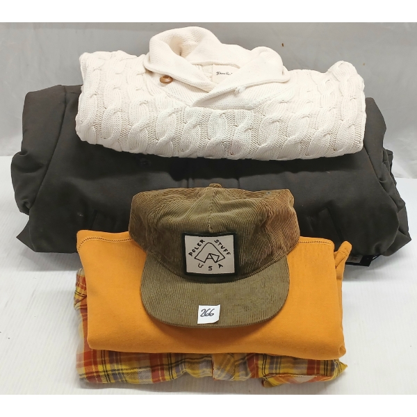 LOT OF 5 - MEN'S SWEATSHIRT, FLANNEL, KNIT SWEATER, JACKET & HAT - MFG BRIXTON, INSIGHT, POLER, ETC