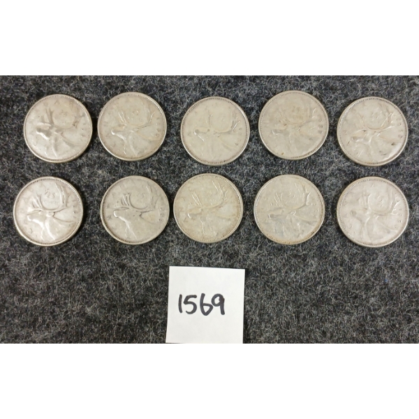 LOT OF 10 - 1943-1965 CDN 25 CENT SILVER COINS