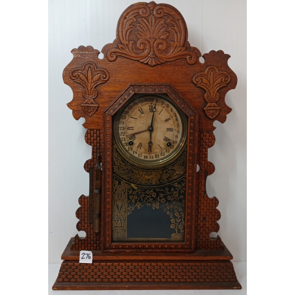 1896 E. INGRAHAM "TOPAZ" GINGERBREAD 8 DAY CALENDAR OAK SHELF CLOCK