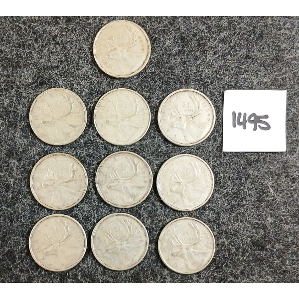 LOT OF 10 - 1959-1966 CDN 25 CENT SILVER COINS