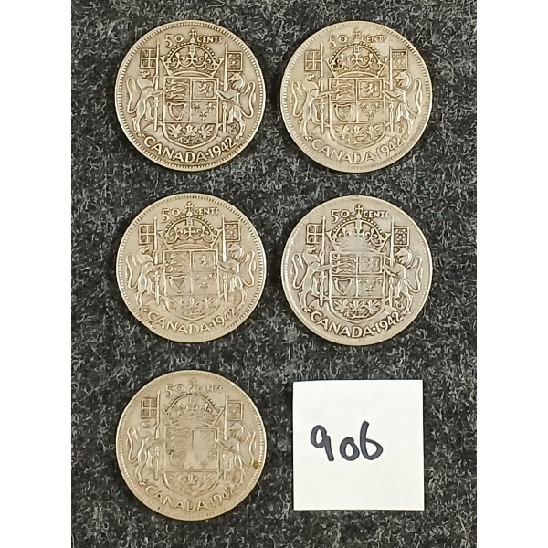 LOT OF 5 - 1942 CDN 50 CENT SILVER COINS