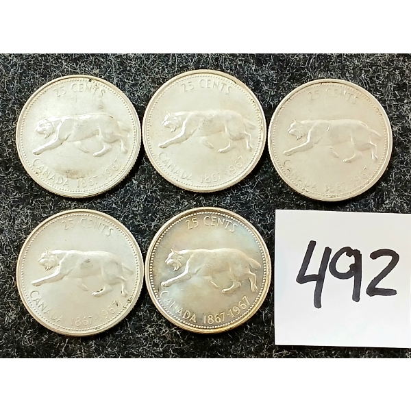 LOT OF 5 - 1967 CDN 25 CENT SILVER COINS