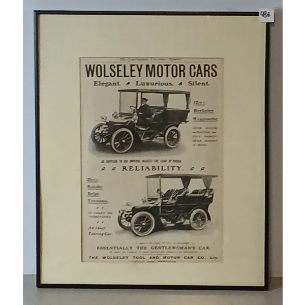 "WOLSELEY MOTOR CARS" FRAMED ADVERTISEMENT