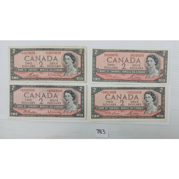 LOT OF 4 - 1954 CDN $1 BANKNOTES