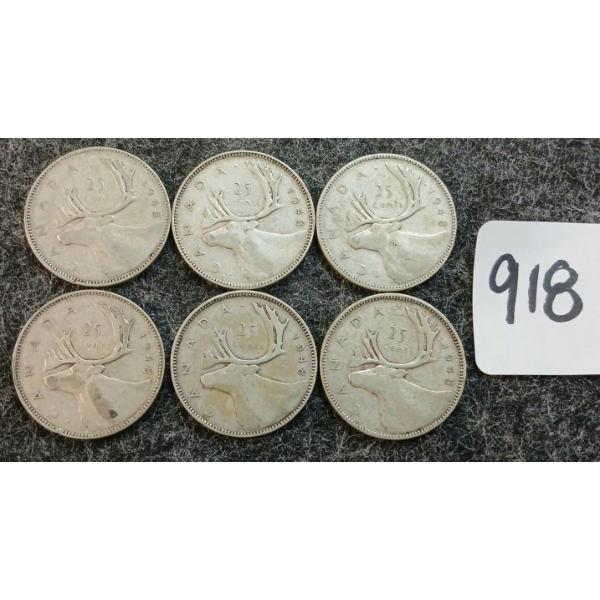 LOT OF 6 - 1946-1948 CDN 25 CENT COINS