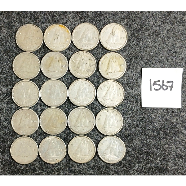 LOT OF 20 - 1943-1966 CDN 10 CENT SILVER COINS