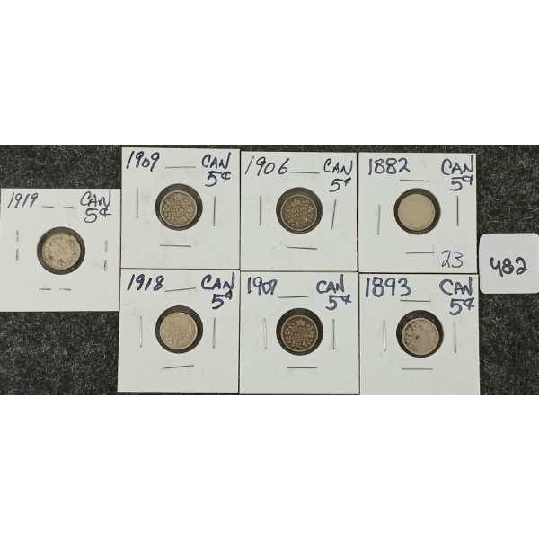 LOT OF 7 - 1882-1919 CDN SILVER  5 CENT COINS 