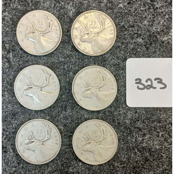LOT OF 6 - 1947 CDN 25 CENT COINS 