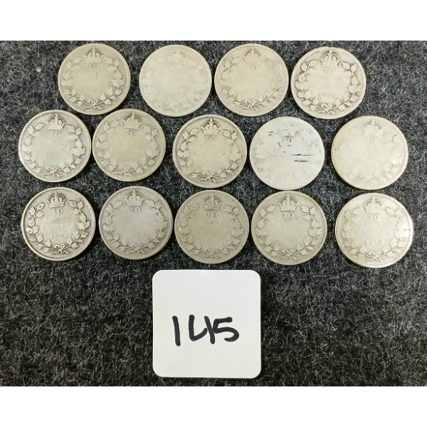LOT OF 14 - 1919-1930 CDN 10 CENT COINS