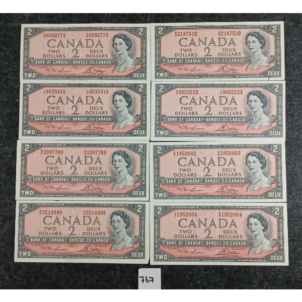 LOT OF 8 - 1954 CDN $2 BANKNOTES