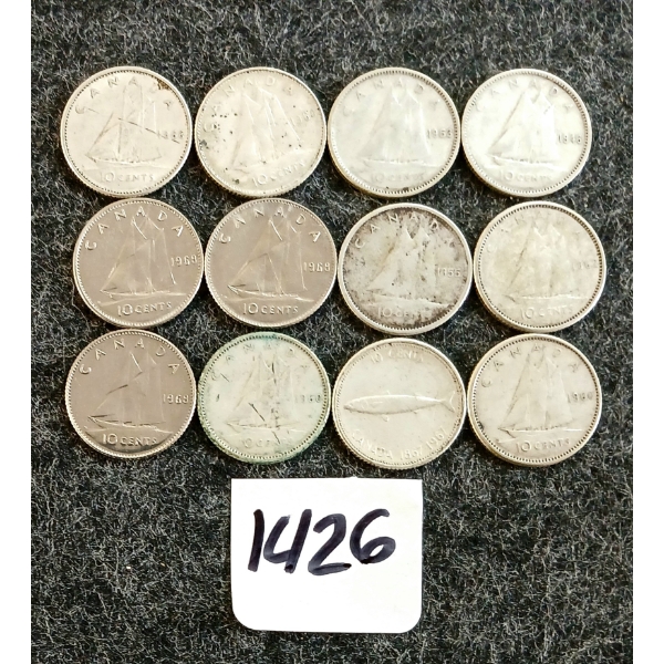 LOT OF 12 - 1946-1968 CDN 10 CENT COINS