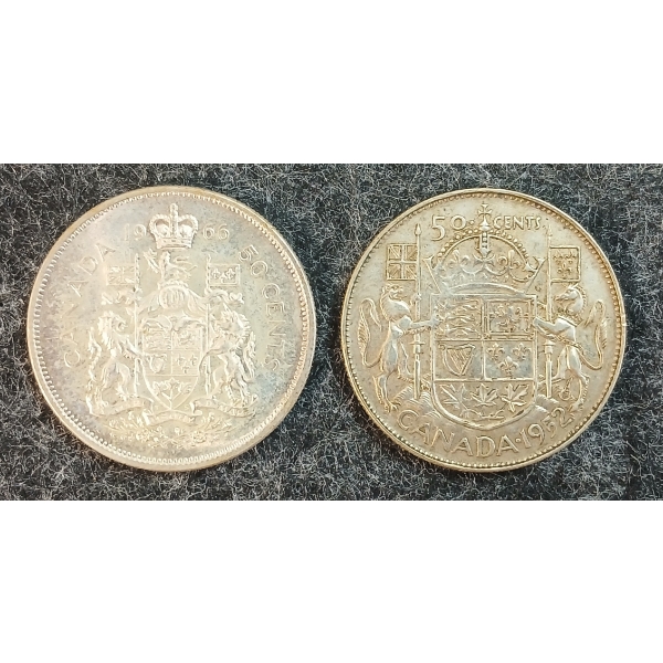 LOT OF 2 - 1952 & 1966 CDN 50 CENT SILVER COINS