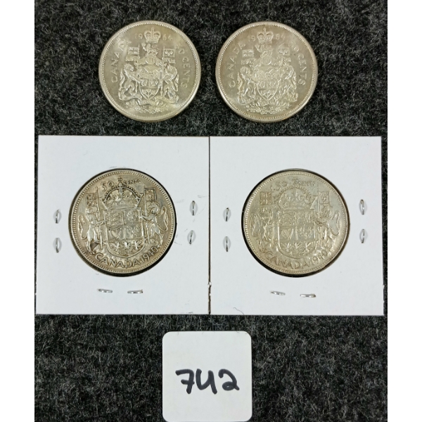 LOT OF 4 - 1940 & 1964 CDN SILVER 50 CENT COINS