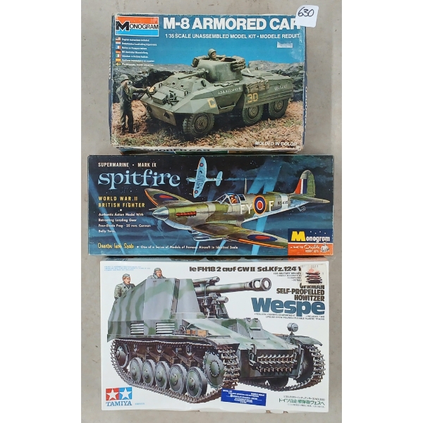 LOT OF 3 - TAMIYA & MONOGRAM WAR PLANE & TANK MODEL KITS
