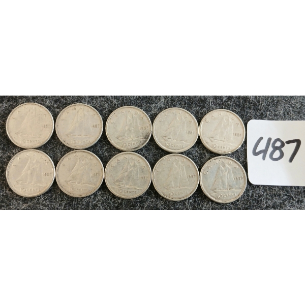LOT OF 10 - 1957 CDN 10 CENT COINS
