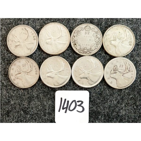 LOT OF 8 - 1936-1968 CDN 25 CENT COINS