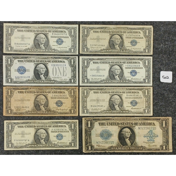 LOT OF 8 - 1923-1957 US $1 SILVER CERTIFICATE BANKNOTES - INCL BLUE SEAL
