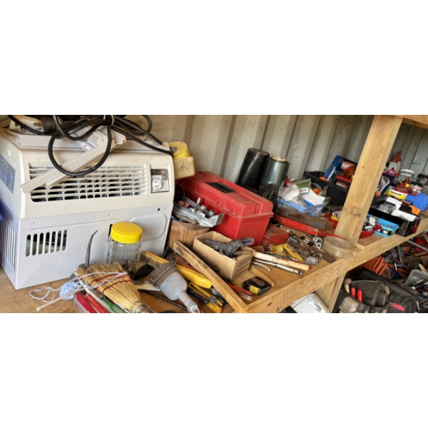SHELF LOT - INCLUDES AC UNIT (UNTESTED), HARDWARE, STRAPS, HAND TOOLS - SEE ALL PICS