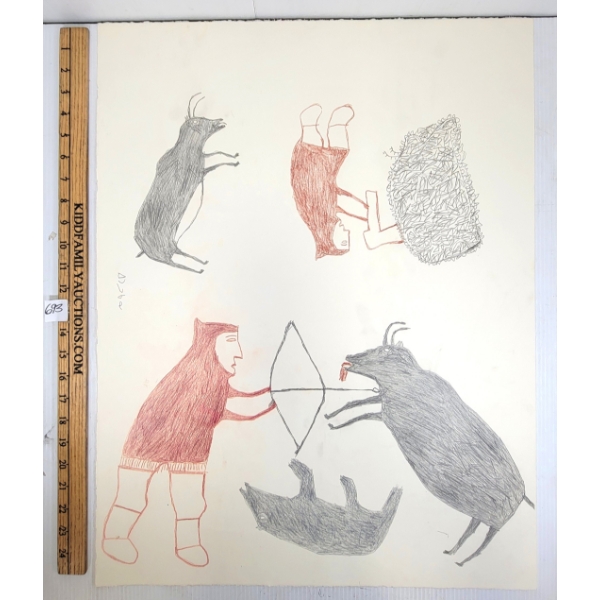 "HUNTER W/ BOW & ARROW" BY MARTHA ITTULUKATNAK(1912 - 1981) - COLOURED PENCIL ON PAPER