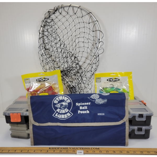 LOT OF 8 - STRIKE KING LURES SPINNER BAIT POUCH, STORM LURES & TACKLEBOXES