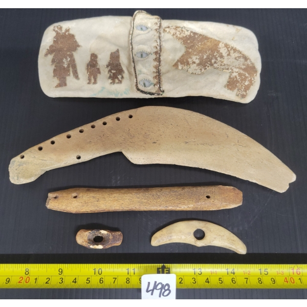 LOT OF 5 - HAND MADE TOOLS & INTRICATE LEATHER POUCH