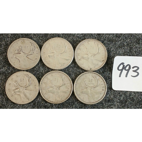 LOT OF 6 - 1941-1963 CDN 25 CENT COINS