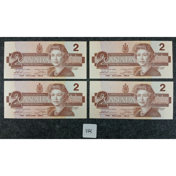 LOT OF 4 - 1986 CDN $2 BANKNOTES - CONSECUTIVE