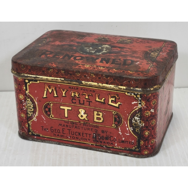 T & B RENOWNED MYRTLE CUT TOBACCO TIN - HAMILTON, ONT