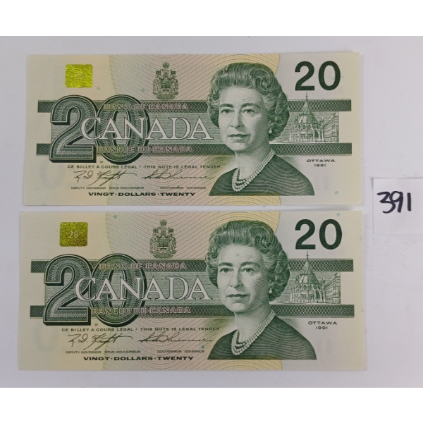 LOT OF 2 - 1991 CDN $20 SEQUENTIAL BANKNOTES - UNCIRCULATED