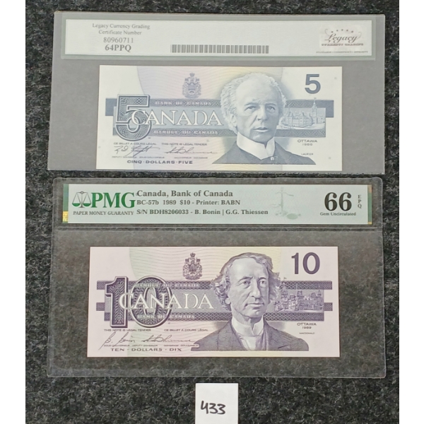 LOT OF 2 - 1986 & 1989 CDN $5 & 10 BANKNOTES - LEGACY & PMG GRADED