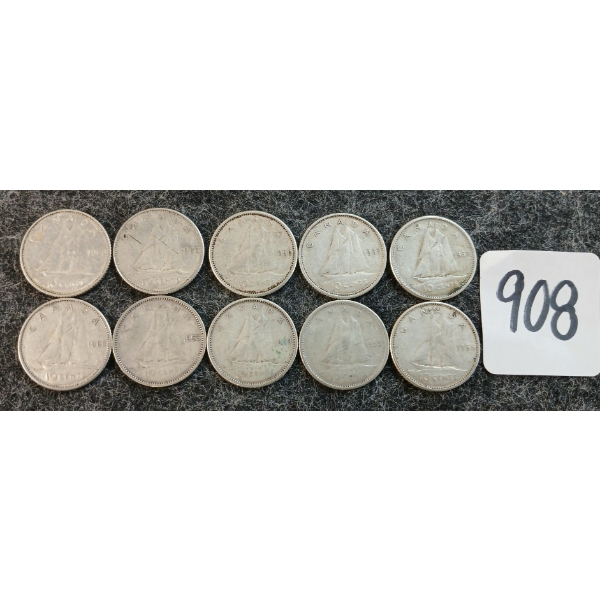 LOT OF 10 - 1953-1968 CDN 10 CENT COINS