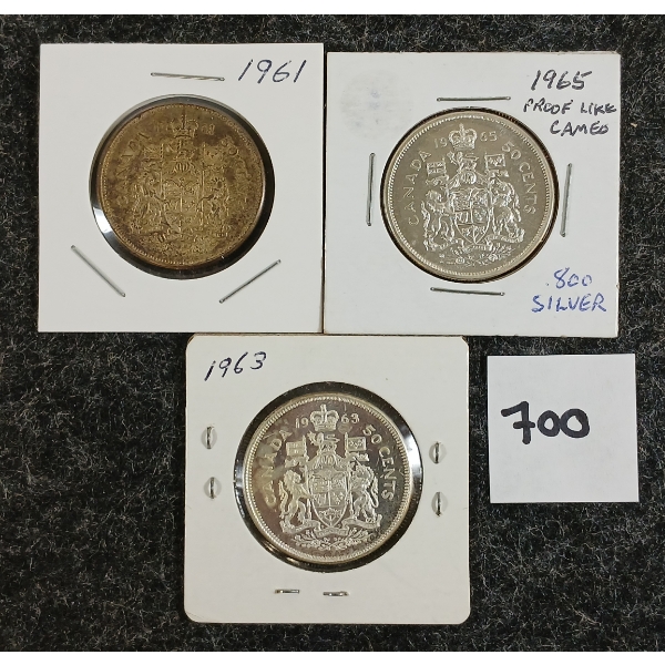 LOT OF 3 - 1961-1965 CDN 50 CENT SILVER COINS