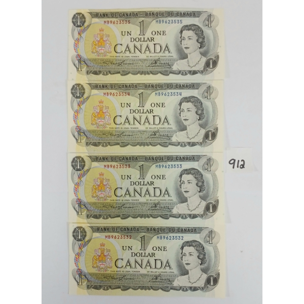 LOT OF 4 - 1973 CDN $1 BANKNOTES - SEQUENTIAL