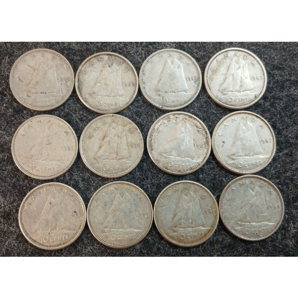 LOT OF 12 - 1946-1968 CDN 10 CENT COINS