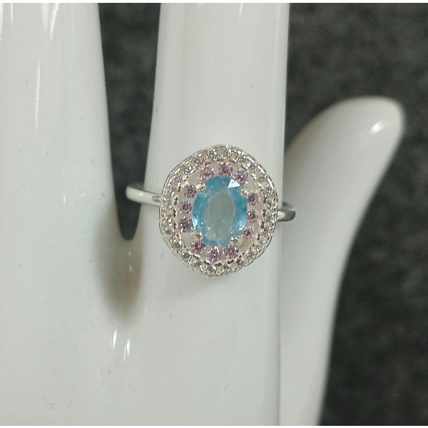STERLING SILVER OVAL CUT NATURAL BLUE ZIRCON & CUBIC ZIRCONIA RING ($2,308.00 APPRAISAL)