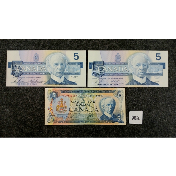LOT OF 3 - 1972 & 1986 CDN $5 BANKNOTES - INCL UNCIRCULATED