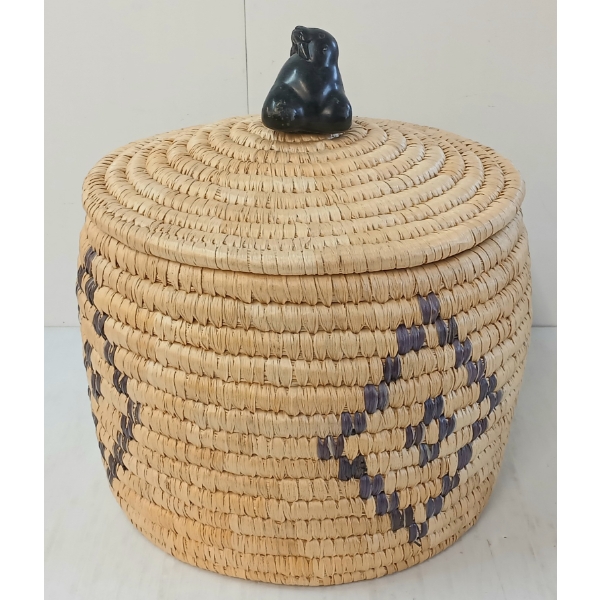 BASKET W/ SEAL HANDLE LID BY ANNIE TAKATAK (PRS CDN ARTIST) - SWEET GRASS & STONE