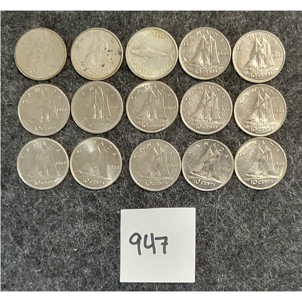 LOT OF 15 - 1967 & 1968 CDN SILVER DIMES
